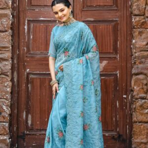 Women's Elegant Sage Green Georgette Saree with Delicate Floral Embroidery & Sequin Work β Perfect for Summer Festivities & Day Events