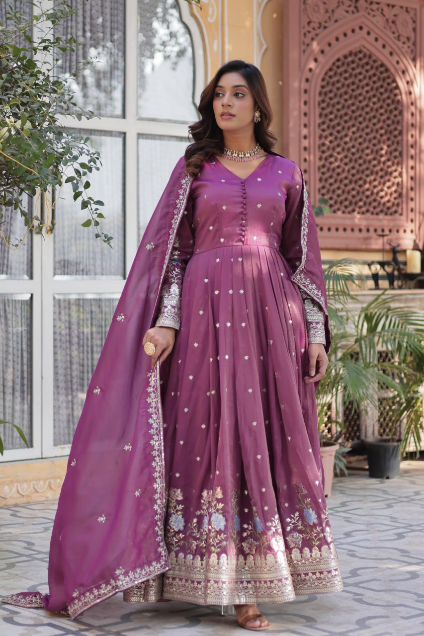 Women's Festive Rust Red Anarkali Gown with Intricate Silver Zari & Sequin Embroidery – Complete with Embroidered Dupatta - Image 7