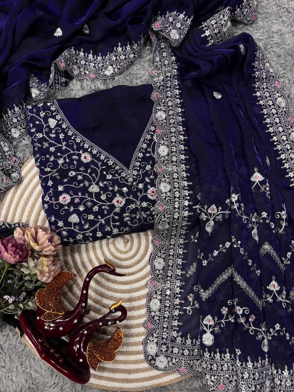 Royal Blue Embroidered Blouse Piece with Intricate Mirror, Sequin & Floral Threadwork – Ready-to-Stitch Fabric for Sarees & Festive Ethnic Wear - Image 3